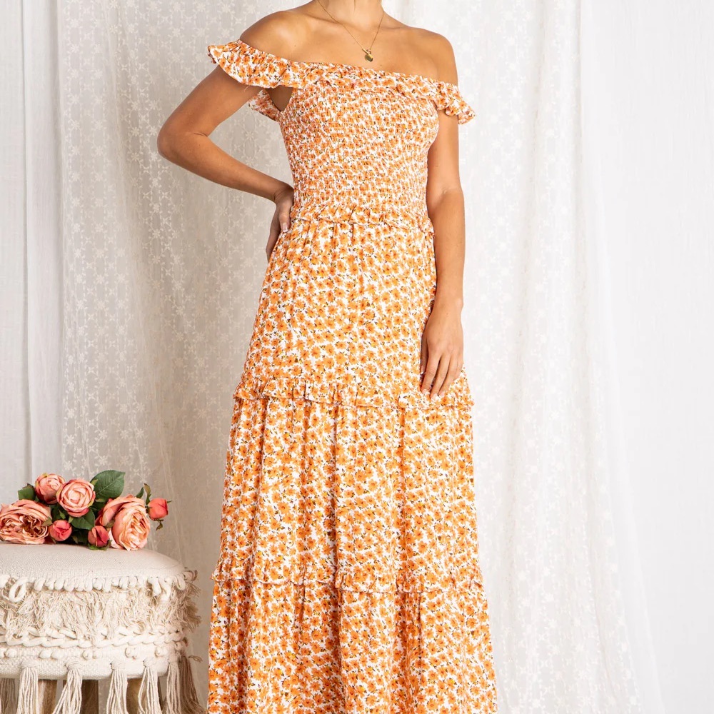 Baevely Floral Orange Tiered Maxi Dress Women’s size Small